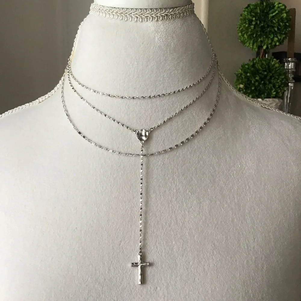 Cross Necklace Delicate 3-Chain Silver-Tone Waterfall Rosary Style Boho Feminine